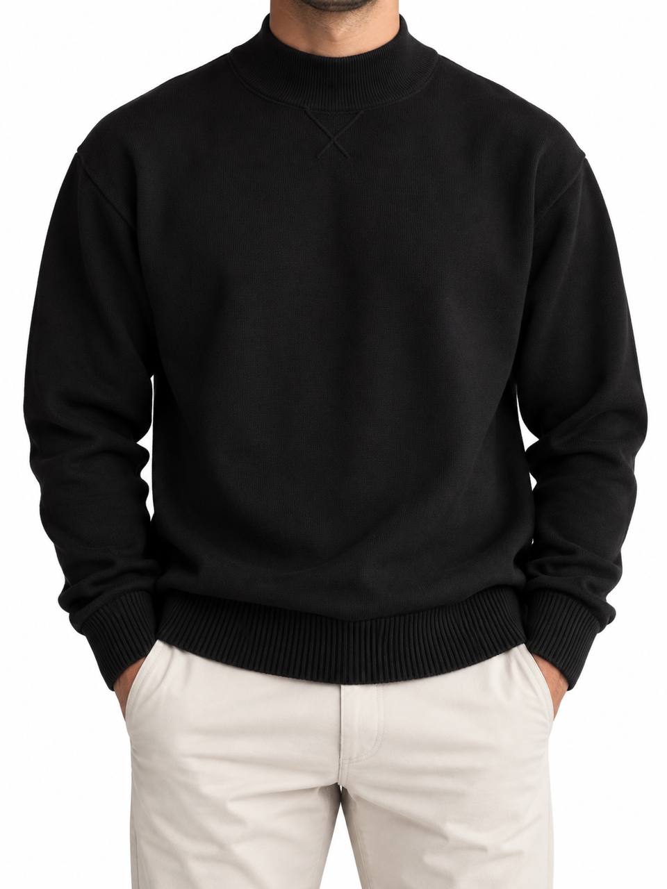 Men's Solid Mock Neck Pullover- Black