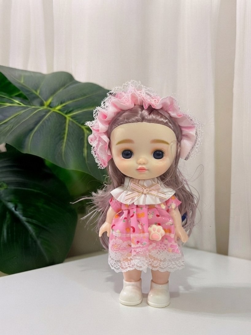 Toy Doll with Pink Lace Dress and Bonnet